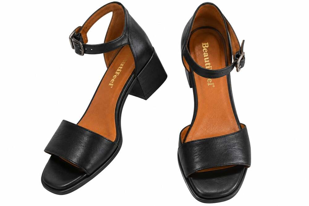 BeautiFeel Black Leather Ankle Strap Block Heel Sandals Size 40